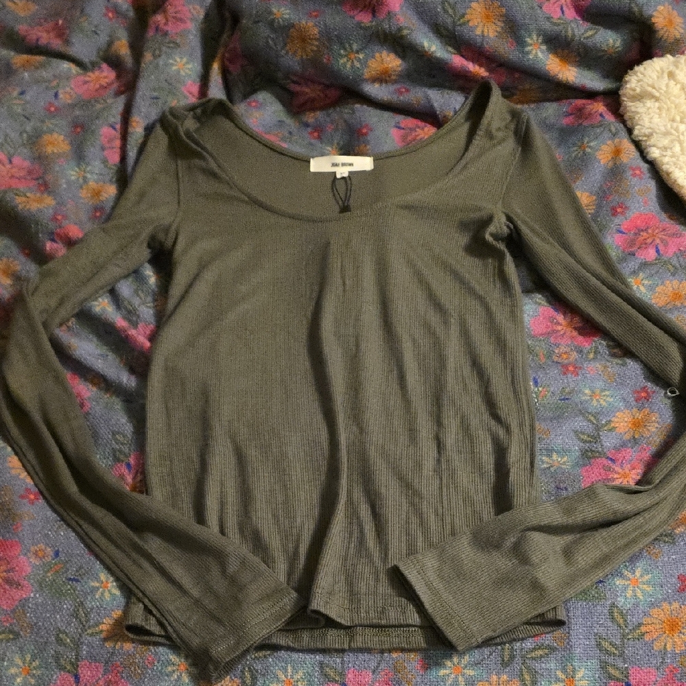 Joah Brown Olive Ribbed Long Sleeve Top